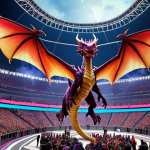 A colossal AR dragon soaring above the stadium during the League of Legends World Championship opening ceremony, blending reality and the virtual world, with vibrant colors and excited spectators.