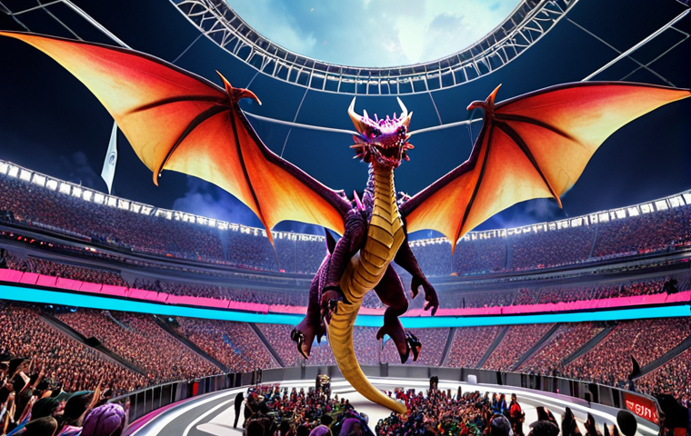 A colossal AR dragon soaring above the stadium during the League of Legends World Championship opening ceremony, blending reality and the virtual world, with vibrant colors and excited spectators.