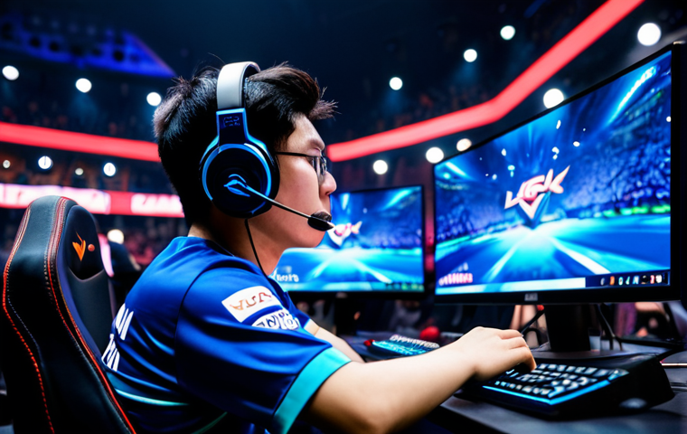 ** A professional gamer intensely focused on their screen during an LCK match, wearing a team jersey and headset, bathed in the stage lights of the arena. The scene captures the electric atmosphere with blurred crowd elements in the background. The image should have perfect anatomy, correct proportions, and a natural pose. Safe for work, appropriate content, and fully clothed. High quality esports photography, professional. **