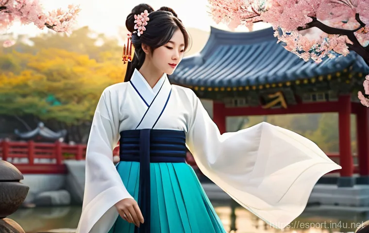 LOL 커뮤니티 팬아트 모음 - Character Reinterpretation: "Traditional Korean Attire - Aris's Serene Embrace"** * **Prompt:** A...