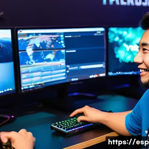 Home 33 LOL e스포츠 분석 사이트 - A dynamic, close-up shot of a young, diverse group of e-sports fans, excitedly gathered around a lar...
