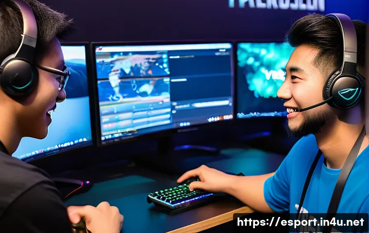 LOL e스포츠 분석 사이트 - A dynamic, close-up shot of a young, diverse group of e-sports fans, excitedly gathered around a lar...