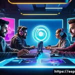 Home 20 LOL 클랜 시스템 가이드 - A vibrant and dynamic gaming clan scene showing diverse players gathered around a large digital tabl...
