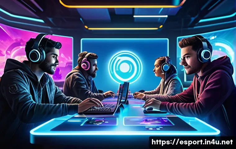LOL 클랜 시스템 가이드 - A vibrant and dynamic gaming clan scene showing diverse players gathered around a large digital tabl...