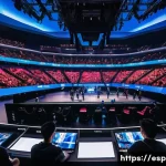 Home 19 롤드컵 역사적 명경기 - A dynamic esports arena scene capturing the intense atmosphere of the 2025 League of Legends World C...