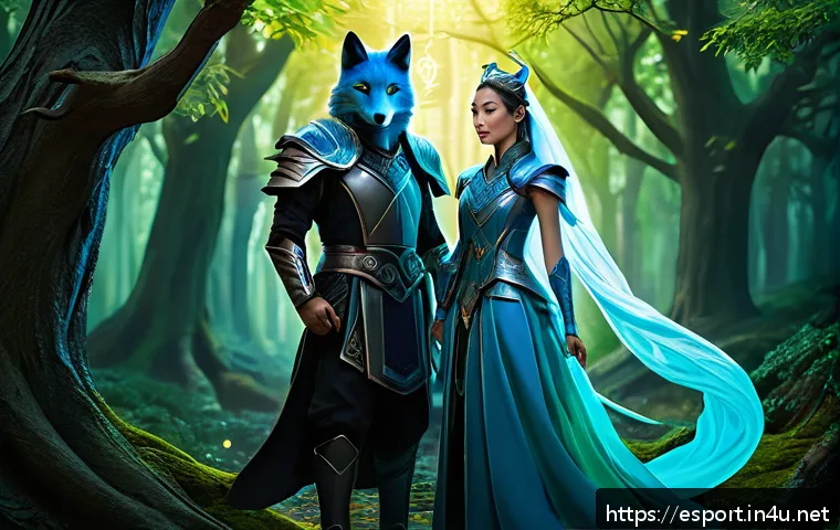 롤 챔피언 개편 스토리 - A dynamic scene depicting Ari and Maiev as close allies in a mystical forest, emphasizing their shar...