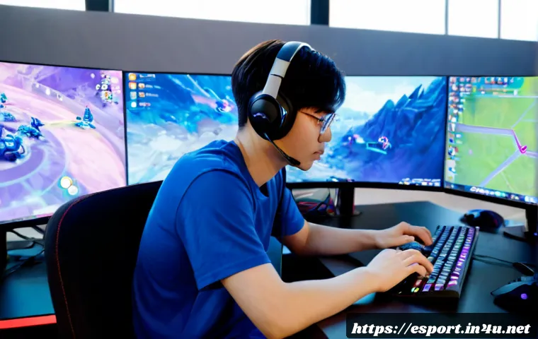 롤 서포터 메타 변화 - Photorealistic esports strategy scene, a focused young adult support-role gamer wearing a headset at...