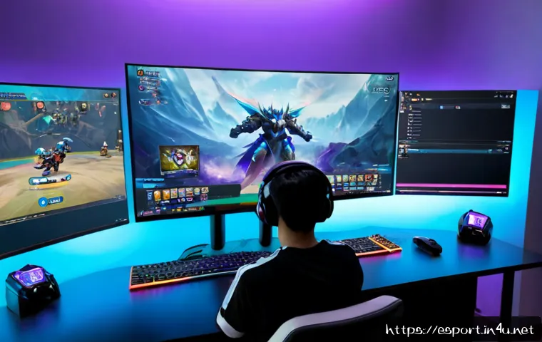 롤 챔피언 티어 리스트 - Photorealistic esports analyst desk with a large monitor showing a colorful fantasy battle game inte...