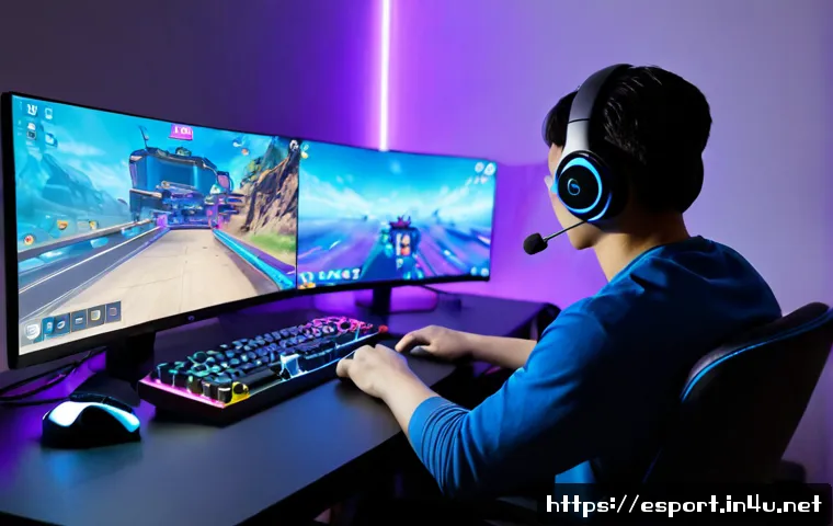 e스포츠와 스트리밍 문화 - Photorealistic esports streaming setup in a modern home studio, focused young adult gamer wearing a ...