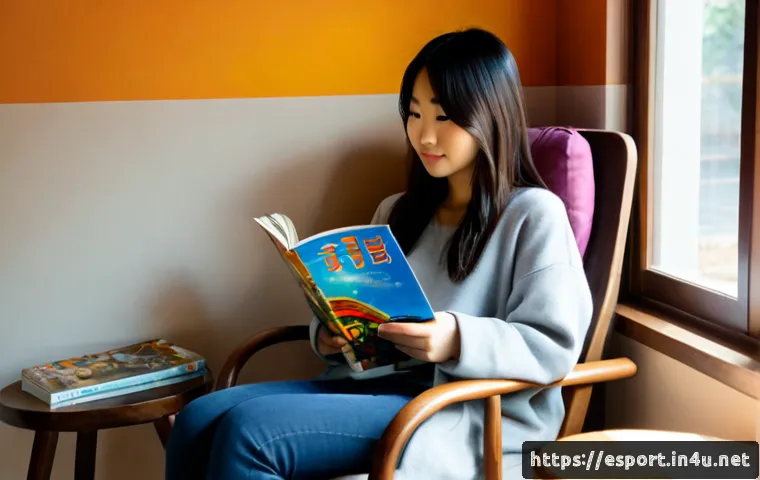 롤 만화와 소설 추천 - Photorealistic cozy reading nook, a young adult seated in a soft armchair comparing an illustrated f...